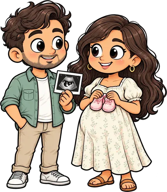 Animated parents-to-be holding an ultrasound photo and tiny baby shoes